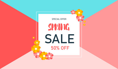 Spring Sale up to 50% off. Bright background with flowers. Vector illustration.