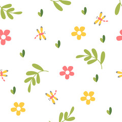 Cute background with flowers, leaves and dragonflies. Perfect for wallpapers, paper, greeting cards, invitations. Vector seamless pattern. 