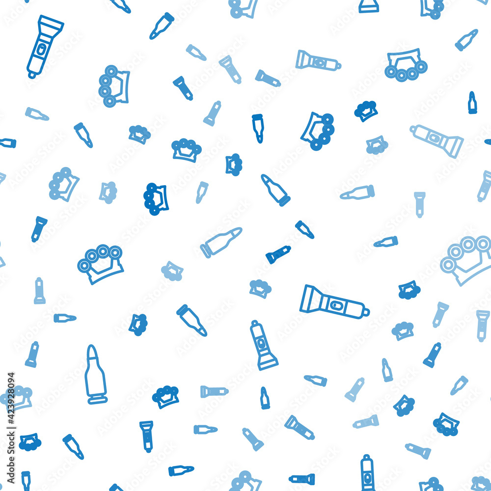Poster set line bullet, flashlight and brass knuckles on seamless pattern. vector