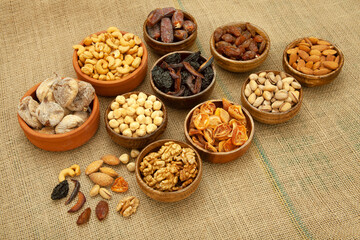 Dried fruits and mixed nuts. Healthy foods.