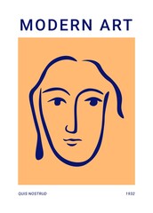 Abstract face art print. Matisse inspired modern poster, contemporary wall decor. Mid century vector fashion illustration