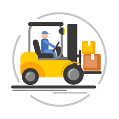 A working man in a forklift is carrying boxes. Work in a warehouse, delivery, cargo transportation. Flat funny illustrations isolated on white background.