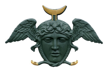Bronze decorative element isolated on white background: head of a mythological deity. Design...