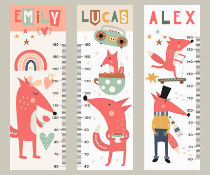 Kids height chart with cute fox in boho style. Vector Illustration. Childish meter wall for nursery design with funny foxes. Great for girl and boy.