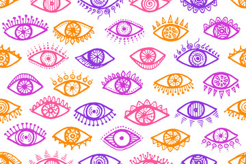 Naklejka premium Different human eyes psychedelic endless pattern.