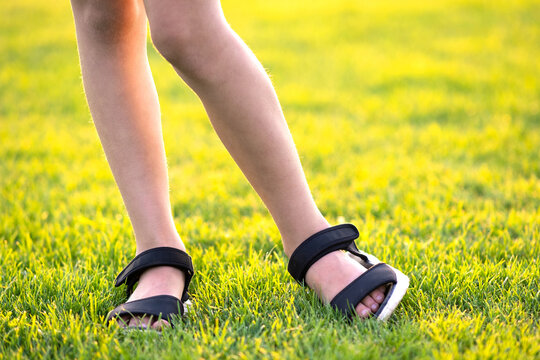 Closeup of young child girl legs standing on green grass lawn on warm summer evening.