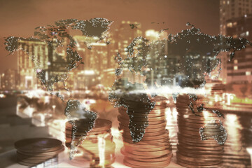 Multiple exposure of coins, world map and cityscape. Online payment concept