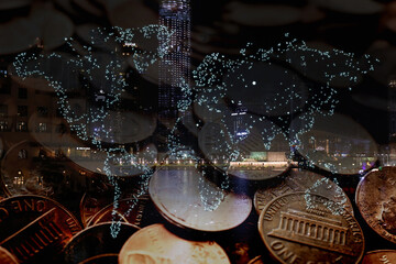 Multiple exposure of coins, world map and cityscape. Online payment concept