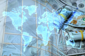 Multiple exposure of money, world map and building. Online payment concept