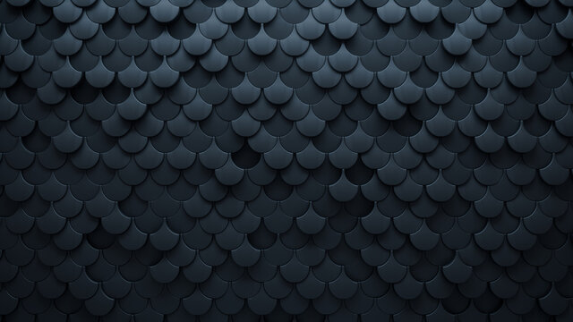 Futuristic, Dark 3D background, with a Fish Scale block structure. Wall texture with a 3D tile pattern. 3D Render