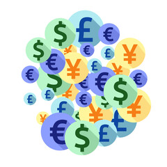 Euro dollar pound yen round signs flying money vector design. Finance concept. Currency tokens