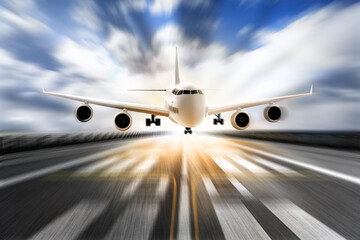 Modern white airplane landing on runway