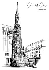 Queen Eleanor Memorial Cross at the Charing Cross Station in London. Black line sketch isolated on white background. A4 vertical format. EPS10 vector illustration