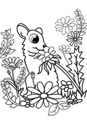 Cute mouse and flowers on white background, illustration. Coloring page