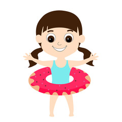 A girl in a blue bathing suit and an inflatable ring in the form of a donut stands smiling happily and arms outstretched. Cartoon childrens character for illustration of summer holiday near the water.