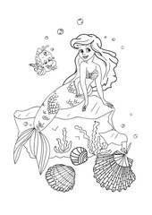 Beautiful mermaid  in underwater world on white background, illustration. Coloring page