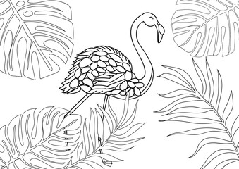 Flamingo and tropical leaves on white background, illustration. Coloring page