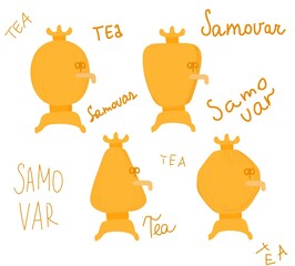 Hand drawn russian golden samovar. Kattle teapot object to make hot drinks beverages in winter seasons isolated on vector illustration with yellow lettering Tea