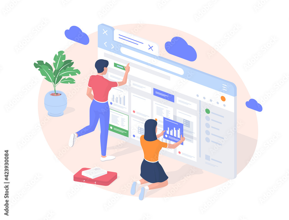 Poster developers go online to cloud storage realistic isometric. female characters search and download rel