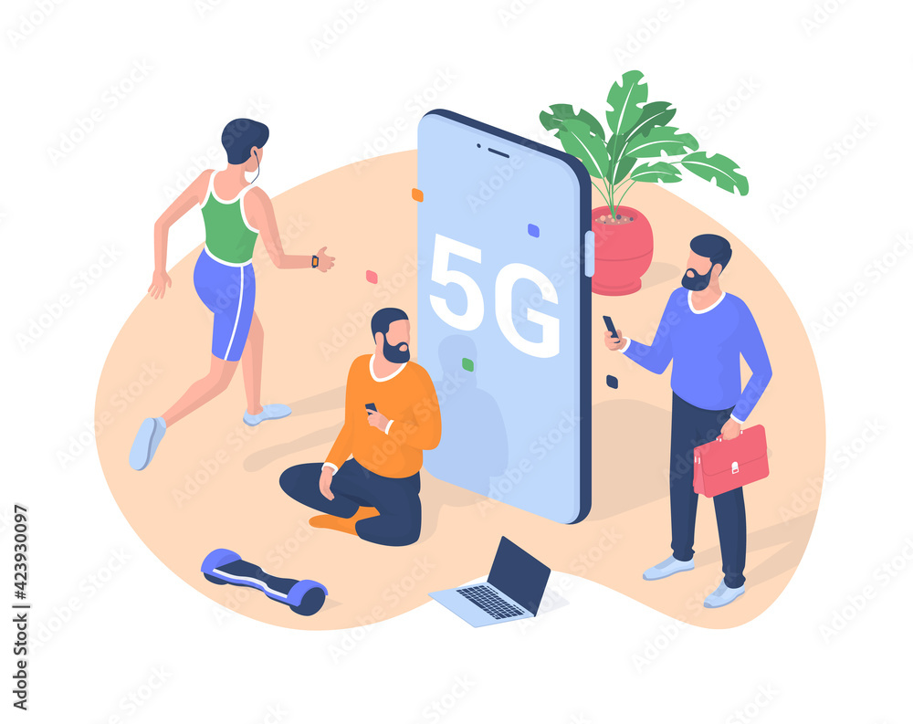 Poster people communicate online using 5g isometric vector. male characters with smartphones test new netwo