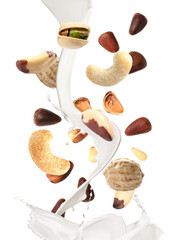 Delicious natural nut milk on white background