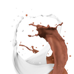 Splashes of chocolate milk and ordinary one mixing together on white background