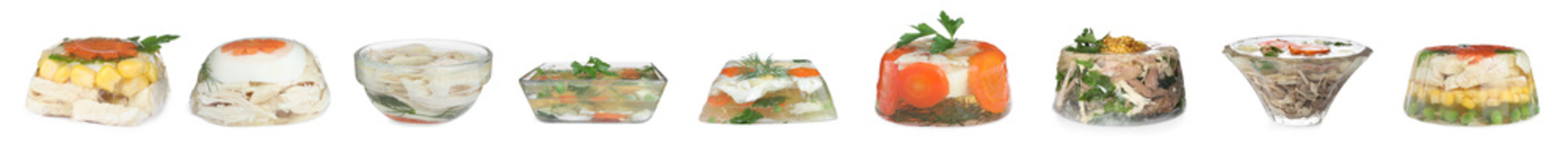 Set with different delicious homemade aspics on white background. Banner design