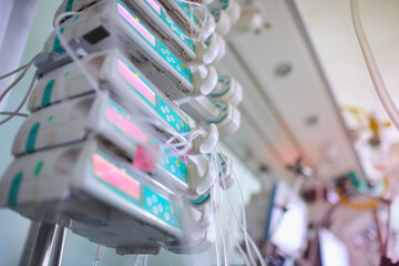 Syringe pumps in a row in the ICU console
