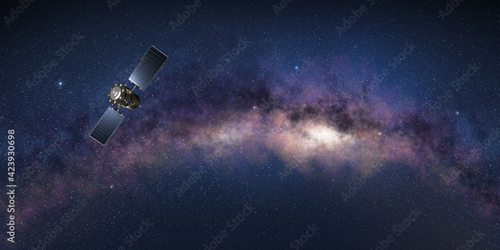 Wall mural research satellite in the outer space with te milky way in background. 3d illustration