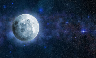 Obraz na płótnie Canvas Bright full moon in blue starry sky. 3D illustration. Elements of this image furnished by NASA...