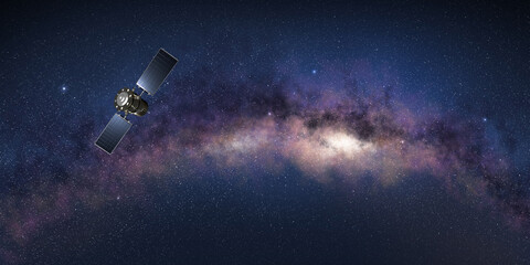 Research satellite in the outer space with te Milky Way in background. 3D illustration © Paulista