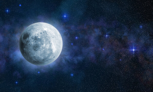 Bright full moon in blue starry sky. 3D illustration. Elements of this image furnished by NASA...