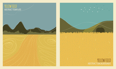 Abstract yellow field background templates, with land and mountains silhouettes. Clouds and grass pattern. Flat style and simple illustration with yellow, gold, green and blue sky colors. Vectorized.