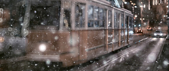 abstract blurred background, landscape christmas snow city street falling snowflakes, holidays winter