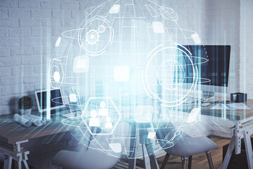 Double exposure of social network theme drawing and office interior background. Concept of web.