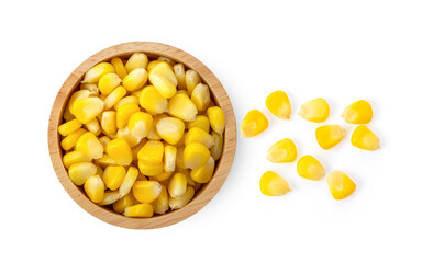 corn seeds in wood bowl isolated on white background