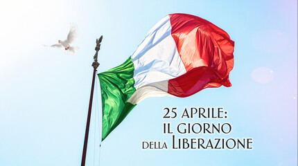 Italy flag, white dove of peace against bright blue sky and sunlight and space for text