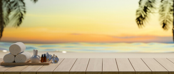 Spa accessories on wooden table and copy space with sea background, summer concept