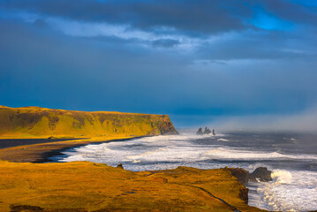 Reynisfjara black sand beach and the Reynisdrangar sea stacks in south Iceland
