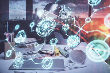 Double exposure of social network theme drawing and office interior background. Concept of web.