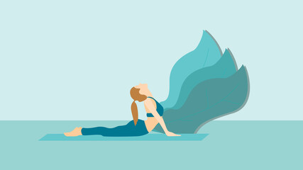Sun salutation yoga posture in a digital illustration of sport woman on a blue isolated and conceptual background. Mindfulness Yoga Posture Concept 2021.