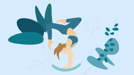 Sporty yogi girl practices yoga asana, Scorpion Pose Vrischikasana on a blue isolated background with a conceptual illustration. Mindfulness Yoga Posture Concept 2021.