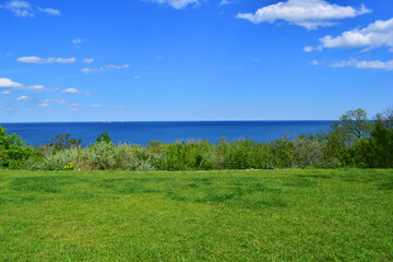 green meadow and blue sea. sunny summer day, seascape. A beautiful shot of green fields on a cliff with a ship on the sea in the background. summer rest