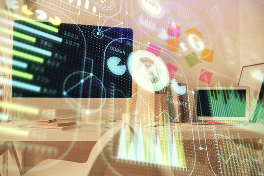 Double exposure of data theme drawing and office interior background. Concept of technology.