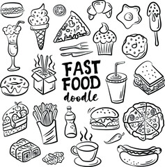 Set of hand drawn food isolated on white background, doodle set of fast food. Vector illustration