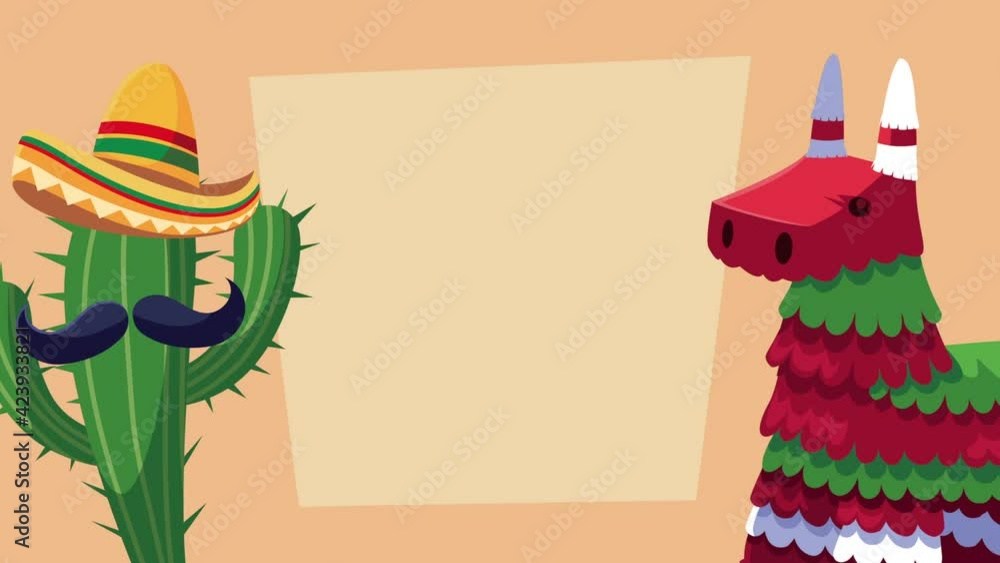 Sticker mexican celebration with pinata and cactu mariachi