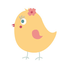 Funny yellow chicken. Easter chick on a white background.