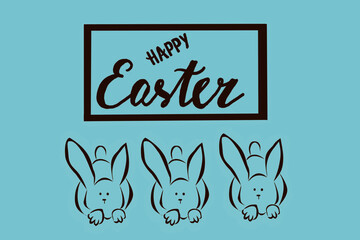 
Easter greeting banner with three funny Easter bunnies in brown tones on a blue background. Greeting template with Easter holidays