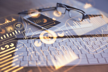 Double exposure of tech theme sketch over cell phone background. Concept of technology