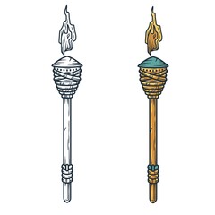 Trendy hawaii wooden tiki torch for surfing bar. Traditional ethnic flame of hawaiian, maori or polynesian. Old tribal flare
